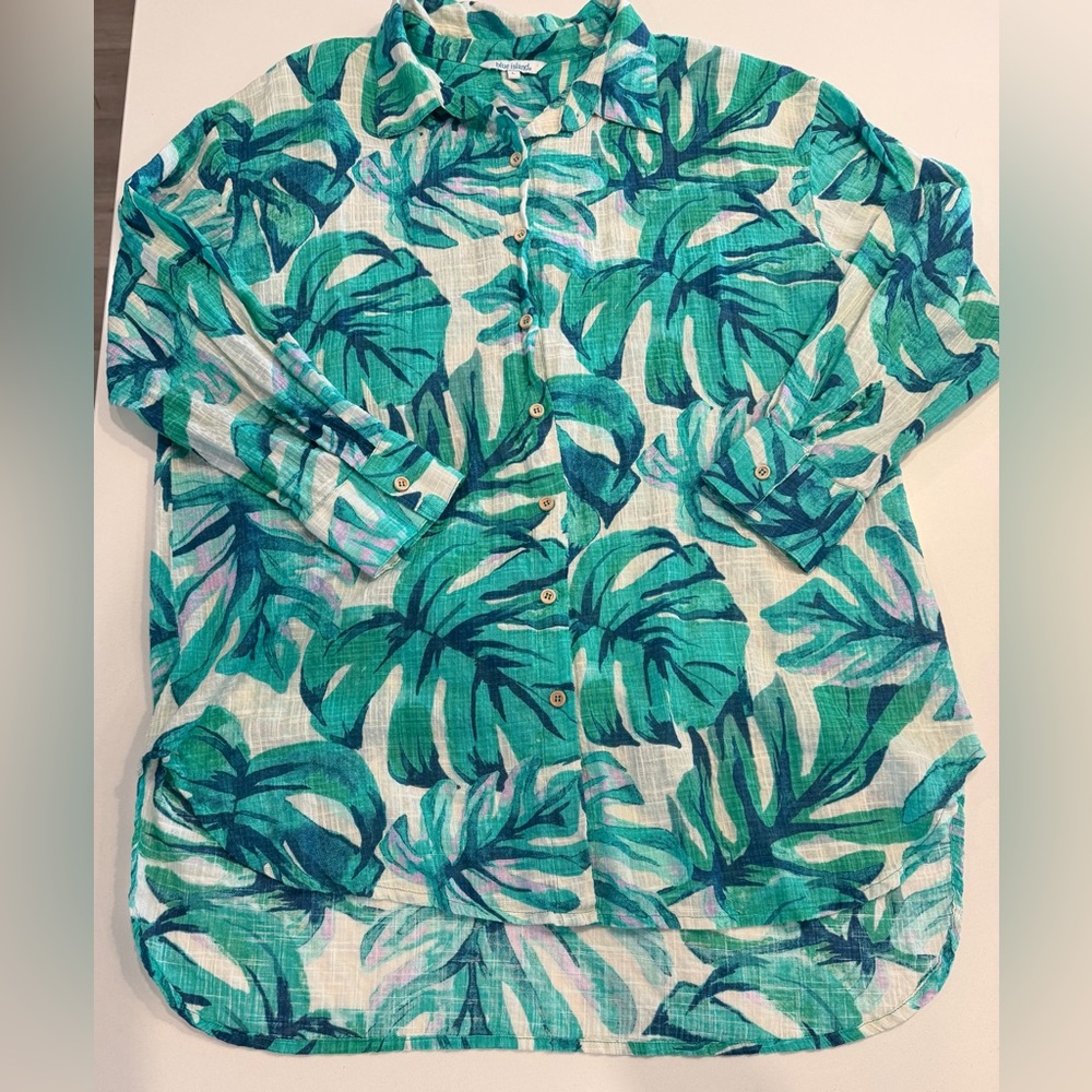 blue island Teal & Green Tropical Leaf Button-Down Shirt size large